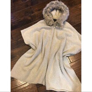 French Connection Sweater Cape with Faux Fur Hood M